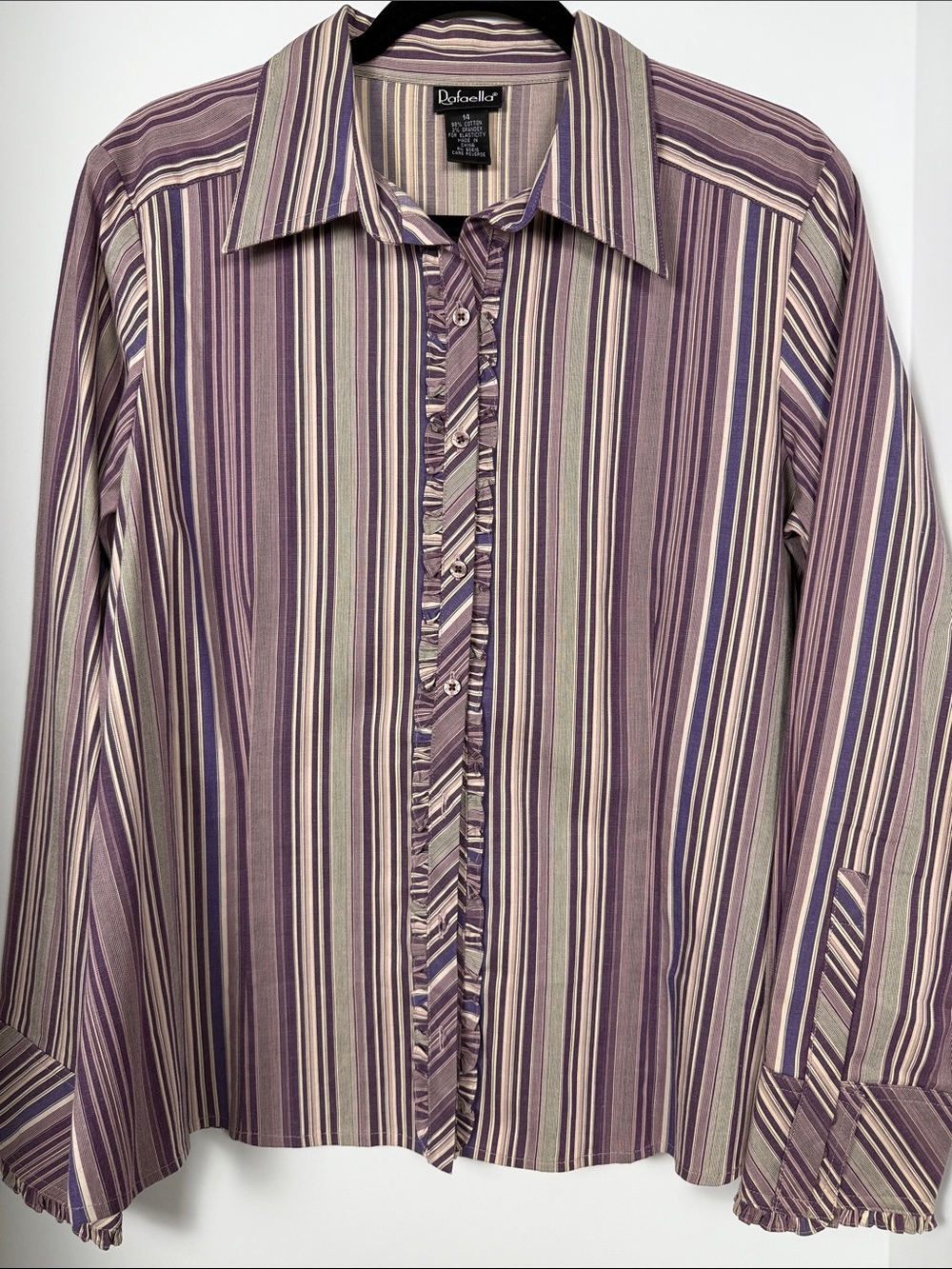 ✨Rafaella Vintage Ruffle Button Down Blouse Purple Multi Size 14 EUC
